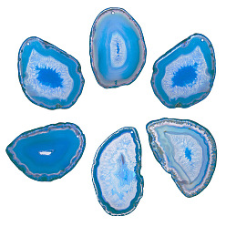 Deep Sky Blue Natural Agate Slices Big Pendants, Dyed, Nuggets, Deep Sky Blue, 50~110x27~60x5~10mm, Hole: 2mm, 6pcs/set