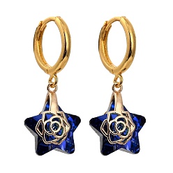 Medium Blue Brass Huggie Hoop Earring, with Electroplate Glass Pendants, Star, Golden, Medium Blue, 31.5mm, Pin: 1mm