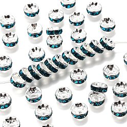 Синий Циркон Латунь марки А горный хрусталь Spacer бисер, прямой фланец, рондель, серебряные, синий циркон, 8x3.8 мм, отверстие : 1.5 мм