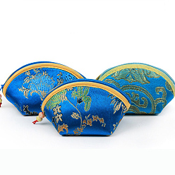 Royal Blue Retro Fan-Shaped Cloth Zipper Pouches, with Beads and Flower Pattern, Royal Blue, 6x10x6cm
