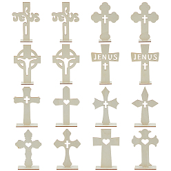 Antique White 16Pcs 5 Styles Wood Cross Prayer Sculpture, Religion Display Decorations, Antique White, 105~110x160mm