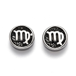 Дева 304 из нержавеющей стали бусы, плоские круглые с двенадцати созвездий, античное серебро, Дева, 10x4 мм, отверстие : 1.8 мм