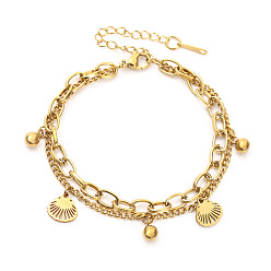 Shell Shape 201 из нержавеющей стали шарм браслеты, 201 Двухслойные браслеты из нержавеющей стали с якорной и кабельной цепочкой для женщин, ионное покрытие (ip), долговечный, формы раковины, 3.94 дюйм (10 см)