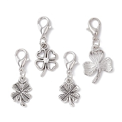 Античное Серебро Подвеска из сплава в тибетском стиле клевера, с цинковым сплавом застежками омаров коготь, античное серебро, 27~32 мм, клевер: 14.5~19x10~14x2 мм