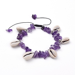 Amethyst Adjustable Nylon Thread Braided Bead Bracelets, with Natural Amethyst Chip Beads, Cowrie Shell Beads and Platinum Plated Brass Beads, 2 inch~3-3/8 inch(5~8.6cm)