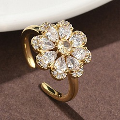 Настоящее золото 18K Кольца-манжеты из цветочной латуни с микропаве из кубического циркония для женщин, без кадмия и без свинца, стойки покрытие, реальный 18 k позолоченный, 14.5x15 мм, размер США 6 (16.5 мм)