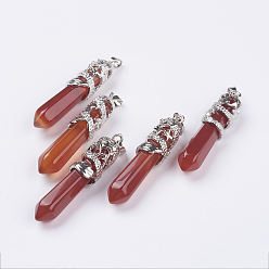 Carnelian Natural Carnelian Big Pointed Pendants, with Alloy Findings, Faceted, Bullet, Platinum, 59~63x11~12mm, Hole: 4x7mm