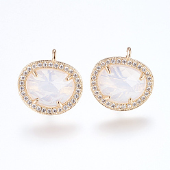 White Brass Micro Pave Cubic Zirconia Stud Earring Findings, with Loop, Glass, Imitation Opalite, Oval, Golden, White, 16.5mm, Hole: 1mm, Pin: 0.8mm