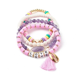Pearl Pink Love Beads Stretch Bracelets Set, Cowrie Shell Shape & Tassel Charm Bracelets, Heishi Beads Surfering Bracelets, Natural Amethyst & Lava Rock Beads Bracelets for Women, Golden, Pearl Pink, Inner Diameter: 2-1/8 ~2.17 inch(5.3~5.5cm), 4pcs/set