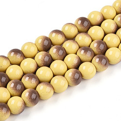 Седло Коричневый Выпечки нарисованных стеклянных бусин прядей, имитировать фарфоровые бусины, круглые, два тона, седло коричневый, 9.5~10 мм, отверстие : 1.2 мм, около 86~91 шт / нитка, 30.71~32.68 дюйм (78~83 см)