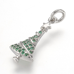 Платинированный Латунные микро проложить кубического циркония подвески, рождественские елки со звездой, Реальная платина, 20x9x3 мм, отверстие : 3 мм