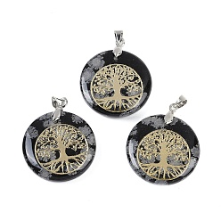 Снежный Обсидиан Плоские круглые подвески из натурального снежного обсидиана, подвески в виде дерева жизни с платиновым покрытием, латунные, с застежкой на дужке, без кадмия и без свинца, 30.5~32x25~25.5x6.5~7.5 мм, отверстие : 4.5x3.5 мм