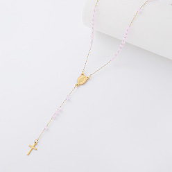 Pink Vintage Resin Rosary Bead Necklaces, 304 Stainless Steel Religion Cross Virgin Pendant Necklaces for Women, Golden, Pink, 20.87 inch(53cm)