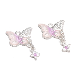 Pink Подвески из сплава эмали, бабочка, матовый серебристый цвет, розовые, 24x18 мм, отверстие : 1.5 мм
