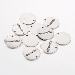 Stainless Steel Color Non-Tarnish Stainless Steel Pendants, Flat Round with Word Knowledge, Stainless Steel Color, 15x1mm, Hole: 1.3mm