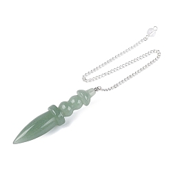 Green Aventurine Natural Green Aventurine Dowsing Pendulum Pointed Pendants, with Iron Chain & Glass, Bullet Charms, Silver Color Plated, 259~265mm, Hole: 2mm