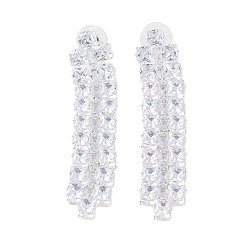 Platinum Brass Micro Pave Cubic Zirconia Stud Earrings, Rectangle, Platinum, 68x13.5mm