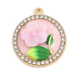 Pink Подвески из эмали и сплава, плоский круглый с цветными чарами, с рамкой из стразов и полимерной глиной., розовые, 20x18x4 мм, отверстие : 1.2 мм
