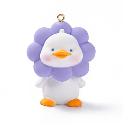 Утка Непрозрачные ПВХ пластиковые большие подвески, с золотыми тонами железных петель, животное очарование, средне фиолетовый, образец утки, 57x44x31 мм, отверстие : 2 мм