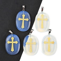 Опал Opalite подвески, овальные с выгравированными золотыми крестиками, с дужками из нержавеющей стали, цвет нержавеющей стали, 38~39x25x7 мм, отверстие : 7x4 мм