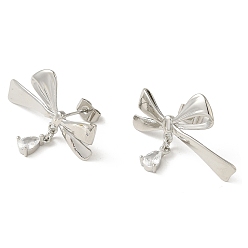 Platinum Brass Stud Earrings, with Clear Cubic Zirconia for Women, Bowknot, Platinum, 23x32mm