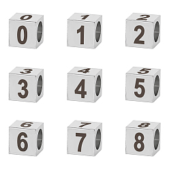 Нержавеющая Сталь Цвет 9шт 9 стиль 303 европейские бусины из нержавеющей стали, бусины с большим отверстием, куб с номером, цвет нержавеющей стали, 7x7x7 мм, отверстие : 5 мм, 1 шт / стиль