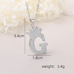 Letter G Хип-хоп латунные микропаве кубические цирконии корона инициал подвеска ожерелья, 304 ожерелья из нержавеющей стали с цепочкой для женщин, платина, Буква G, 15.75 дюйм (40 см)