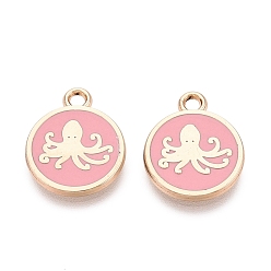 Flamingo Alloy Enamel Pendants, Rack Plating, Flat Round & Octopus Charms, Golden, Flamingo, 16x13x1.5mm, Hole: 1.8mm