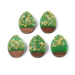 Зеленый лайм Подвески из непрозрачной смолы и орехового дерева, слезинки, с блестящей пудрой и золотой фольгой, зеленый лайм, 17.5x13x3 мм, отверстие : 2 мм