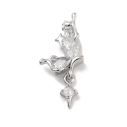 Платина Подвески из латуни с прозрачным фианитом, без кадмия, без никеля и без свинца, крыло бабочки, платина, 29x12.5x6 мм, отверстие : 1.5 мм