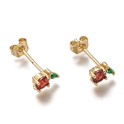 Золотой Латунь серьги, с фианитом и ушными орехами, яблоко, красные, золотые, 6.5x4.5 мм, штифты : 0.7 мм