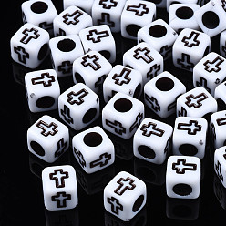 White Opaque Acrylic Beads, Cube with Cross, White, 6x6x6mm, Hole: 3mm, about 2995pcs/500g