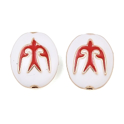 Red Brass Enamel Beads, Oval with Bird Pattern, Real 18K Gold Plated, Red, 18x15x7.5mm, Hole: 1.8mm