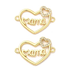 Прозрачный День матери латунное микропаве кубическое цирконие сердце с надписью мама подвески-коннекторы, долговечный, без кадмия и без свинца, стойки покрытие, реальный 18 k позолоченный, прозрачные, 18.5x25x2.5 мм, отверстие : 1.6 мм
