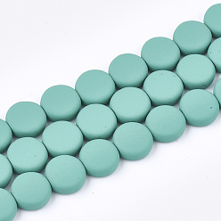 Medium Sea Green Spray Painted Non-magnetic Synthetic Hematite Beads Strands, Flat Round, Medium Sea Green, 8x3mm, Hole: 1mm, about 48pcs/strand, 15.7 inch