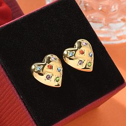 Разноцветный Ионное покрытие (ip) 304 серьги-гвоздики из нержавеющей стали, со стразами, реальный 14 k позолоченный, сердце, красочный, 14.5x15 мм
