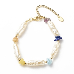 Mixed Stone ABS Imitation Pearl & Natural Mixed Gemstone Chips Beaded Bracelet for Women, 7-5/8 inch(19.5cm)