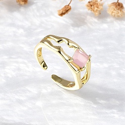 Бледно-Розовый Квадратные латунные манжеты-кольца «кошачий глаз», без кадмия и без свинца, долговечный, стойки покрытие, реальный 18 k позолоченный, розовый жемчуг, 8 мм, внутренний диаметр: регулируемый