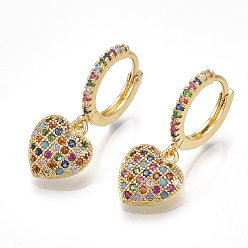 Golden Brass Cubic Zirconia Dangle Hoop Earrings, Heart, Golden, 25mm, Pin: 1x1mm
