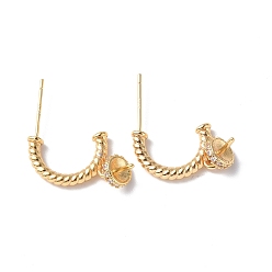 Real 18K Gold Plated Brass Clear Cubic Zirconia Stud Earring Findings, with Cup Peg Bails and 925 Sterling Silver Pins, Half Twisted Ring Shape, Real 18K Gold Plated, 23x2.5mm, Pin: 0.8mm