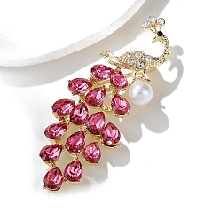 Роза Брошь из цинкового сплава золотая, булавка на лацкан со стразами и искусственным жемчугом, павлин, роза, 68x27 мм