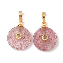 Клубничный Кварц Натуральные кварцевые подвески из клубники, Плоские круглые подвески в виде монет с латунными микрофибровыми кристаллами., золотые, 20x16x6 мм, отверстие : 7x4 мм