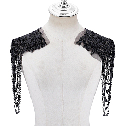 Black Plastic Beaded Tassel Chain Epaulettes, with Cloth Findings, Garment Accessories, Black, 315x150x3.5mm