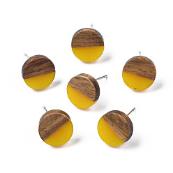 Золотистый Серьги-гвоздики из непрозрачной смолы и орехового дерева, с 316 штифтов из нержавеющей стали, плоско-круглые, золотые, 10 мм, штифты : 0.7 мм