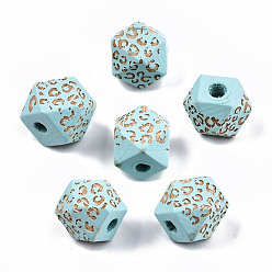 Голубой Расписные бусы из натурального дерева, лазерная гравировка, граненые, многоугольник с леопардовым принтом, голубой, 12x12x12 мм, отверстие : 2.5 мм