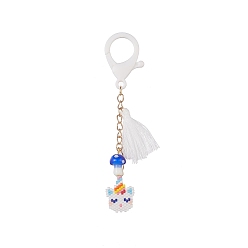 White Unicorn Handmade Loom Pattern Seed Beads Pendant Decorations, with Lampwork Mushroom and Tassel Charms, Lobster Claw Clasp, White, 108.5mm