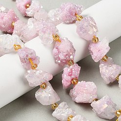 Бледно-Розовый Гальванические натуральный druzy шарики агата стренг, самородки, с бисером, розовый жемчуг, 10~16x12.5~15x11.5~13 мм, отверстие : 0.8 мм, около 14 шт / нитка, 8.07~8.27'' (20.5~21 см)