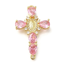 Pink Стойки обшивки латунные микро проложить куб ссылки циркония, долговечный, без кадмия и без свинца, крест с подвесками-соединителями Девы Марии, розовые, 40x24.5x7 мм, отверстие : 1.8 мм