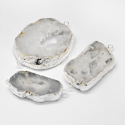 Гейнсборо Гальванические соединители из натурального и окрашенного агата друзы, с посеребренными латунными выводами, прямоугольные, светло-серые, 29~69x24~52x11 мм, отверстие : 3 мм