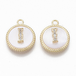 Letter I Brass Micro Pave Cubic Zirconia Pendants, with Shell, Flat Round with Letter, Nickel Free, Clear, Creamy White, Real 18K Gold Plated, Letter.I, 17x14x4mm, Hole: 1.8mm